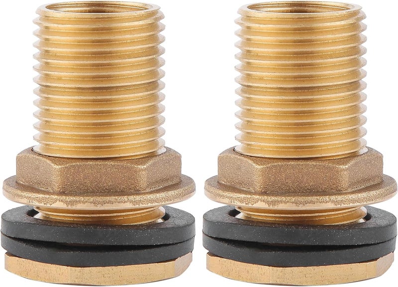 BILBAL 2 PCS Bulkhead Fitting, Solid Brass, 3/8" NPT Female-1/2" NPT Male Water Tank Connector for Rain Barrels, Aquariums, Water Tanks, 2 Rubber Rings Stablizing - Image 1